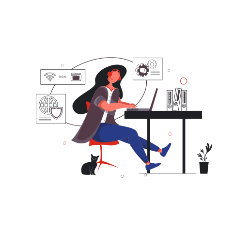 Illustrated person sitting at desk working on system