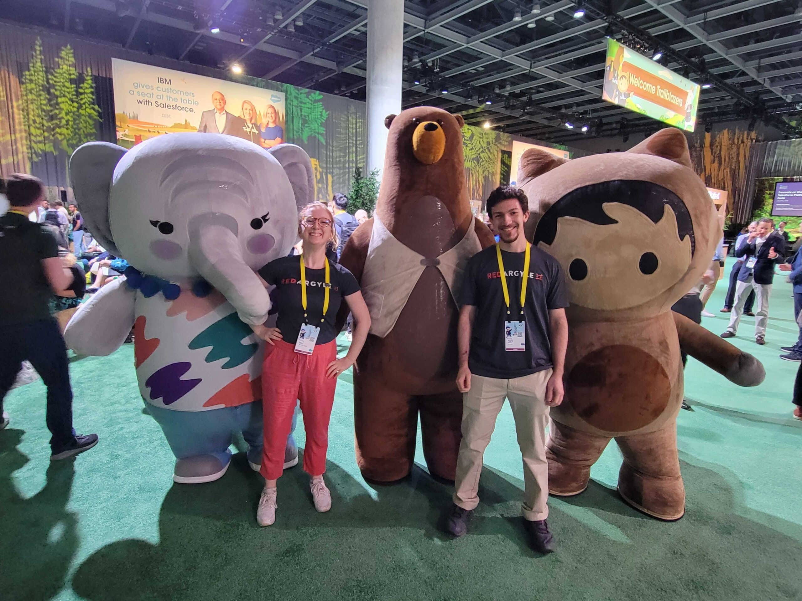 Argylers Eliza and Frank with Salesforce mascots at Salesforce event