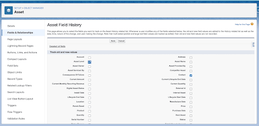 Screenshot of Asset Field History view in Salesforce