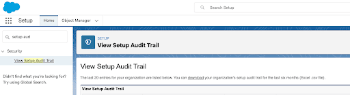 Screenshot of how to find the Setup Audit Trail in Salesforce Setup
