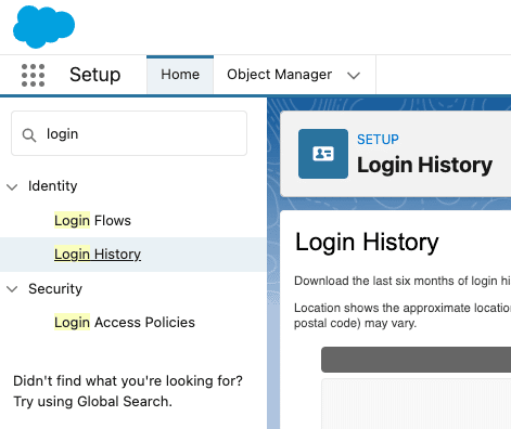 Screenshot of Setup in Salesforce to see Login History