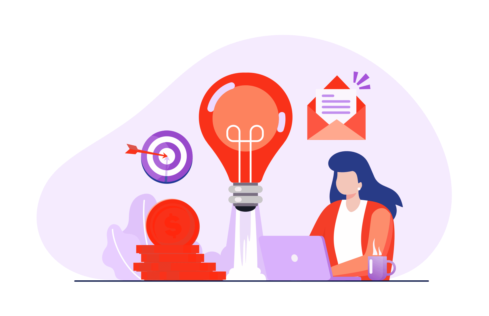 Illustrated person at laptop with lightbulb, target and other illustrated icons