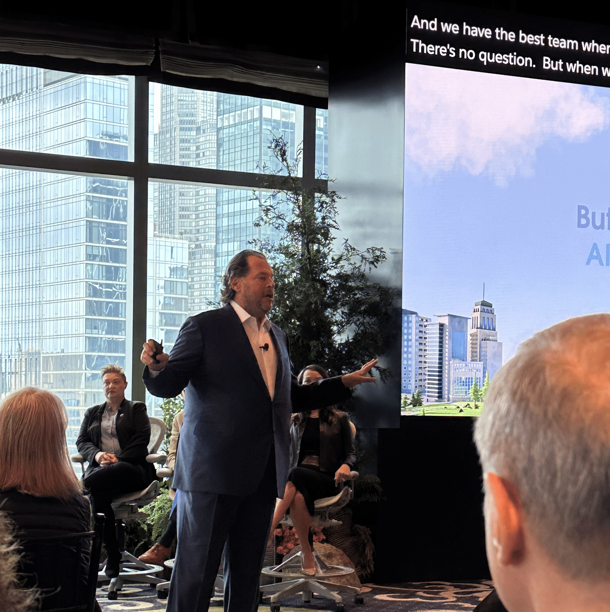 Salesforce CEO, Marc Benioff speaking in front of a group at the June 12, 2023 Salesforce AI Day