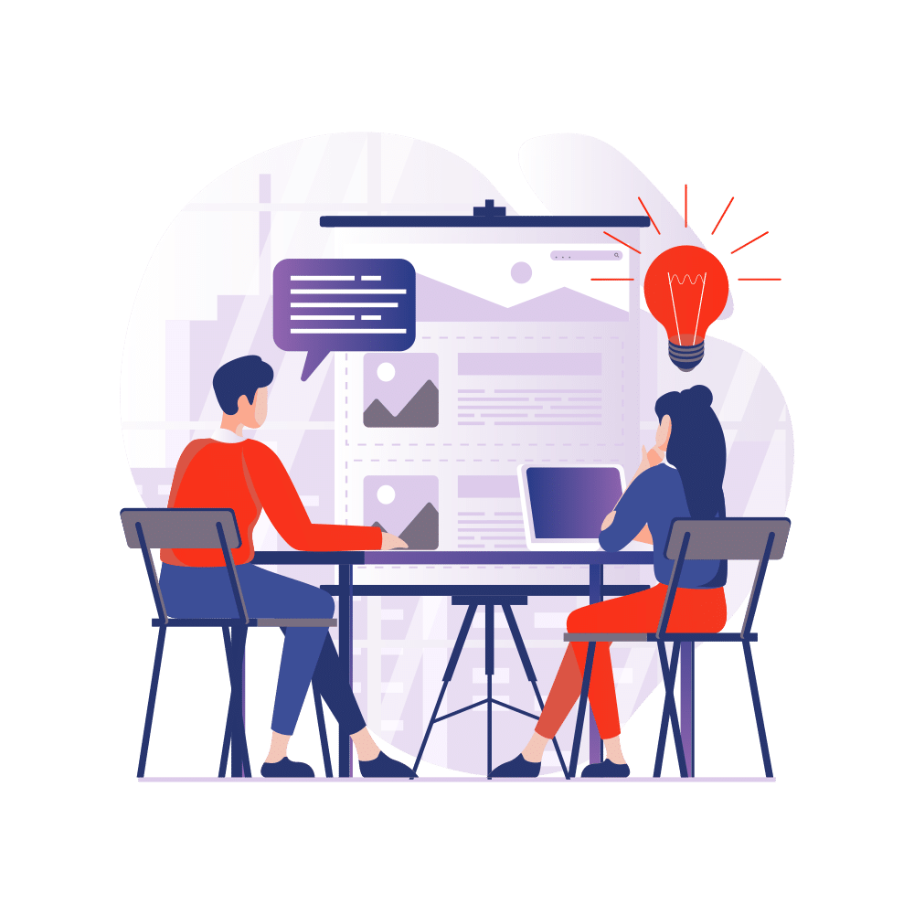 Illustrated view of two people sitting at a table working on UX design. One with a lightbulb idea above head and the other with a dialog box