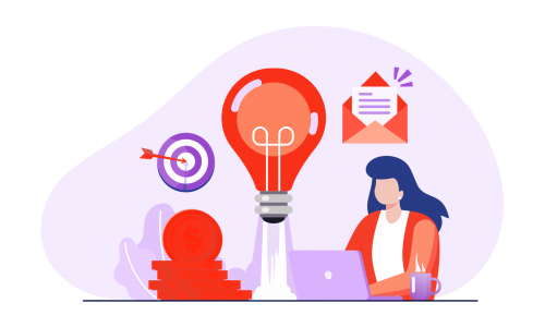 Illustrated person at laptop with lightbulb, target and other illustrated icons